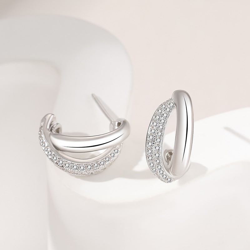 Diamond Inlay Designed Sterling Silver Stud Earrings for Women