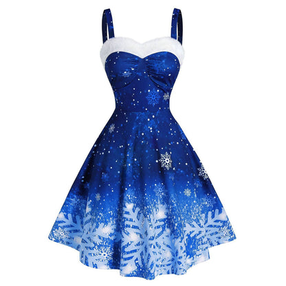 Merry Christmas Suspender Straps Snowflake Women Dresses