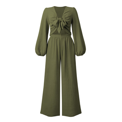 Sexy Long Sleeves Tops & Wide Legs Pants Women Suits