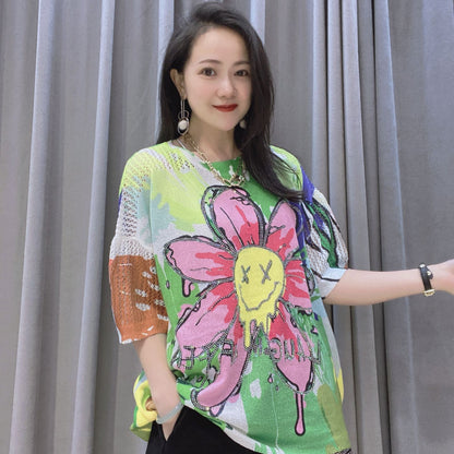 Summer Pullover Diamond Short Sleeves Knitting T Shirts