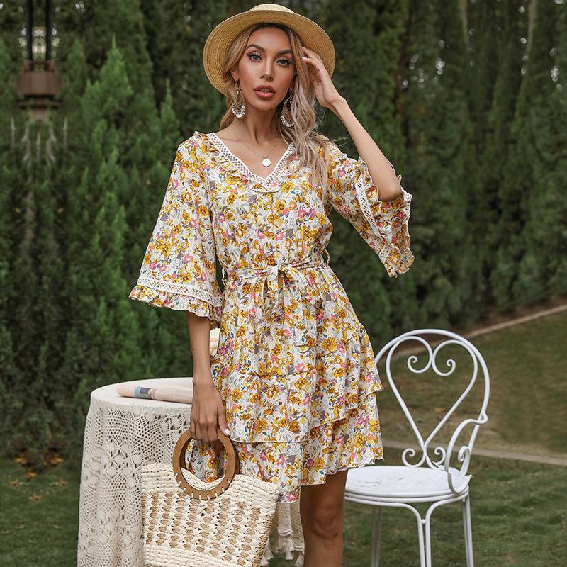 Summer Bell Sleeves Ruffled Short Dresses-STYLEGOING