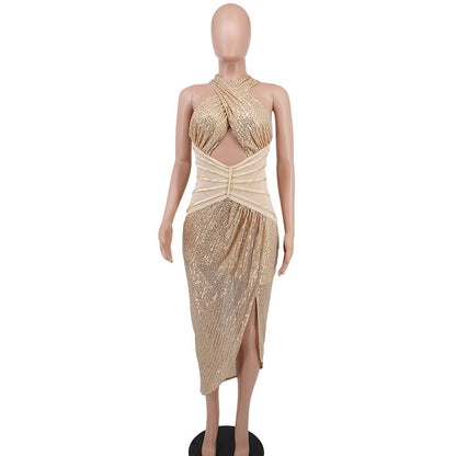 Sexy Sequined Halter Split Front Women Party Dresses