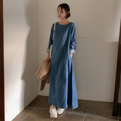 Casual Simple Design Denim Long Cozy Dresses