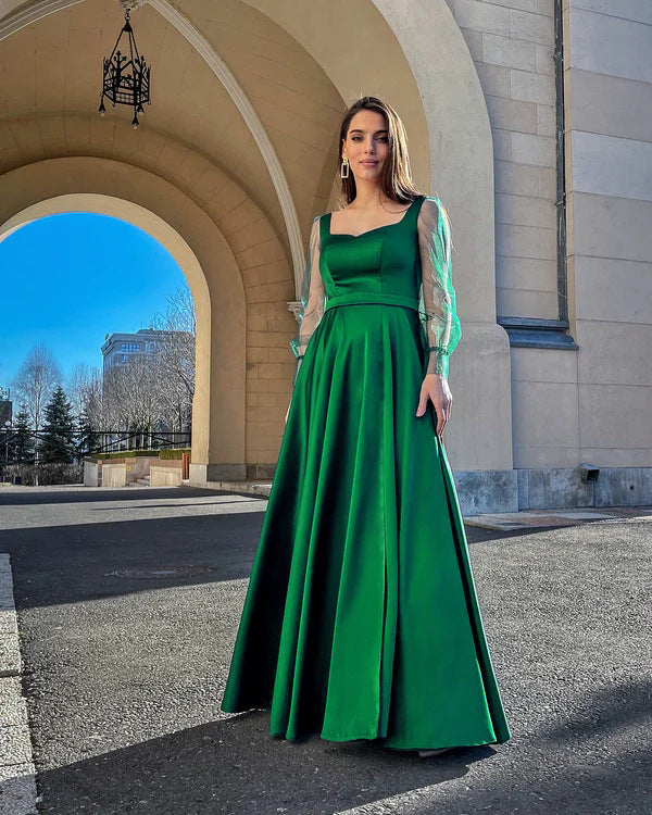 Round Neck Long Sleeves Green Party Dresses for Women