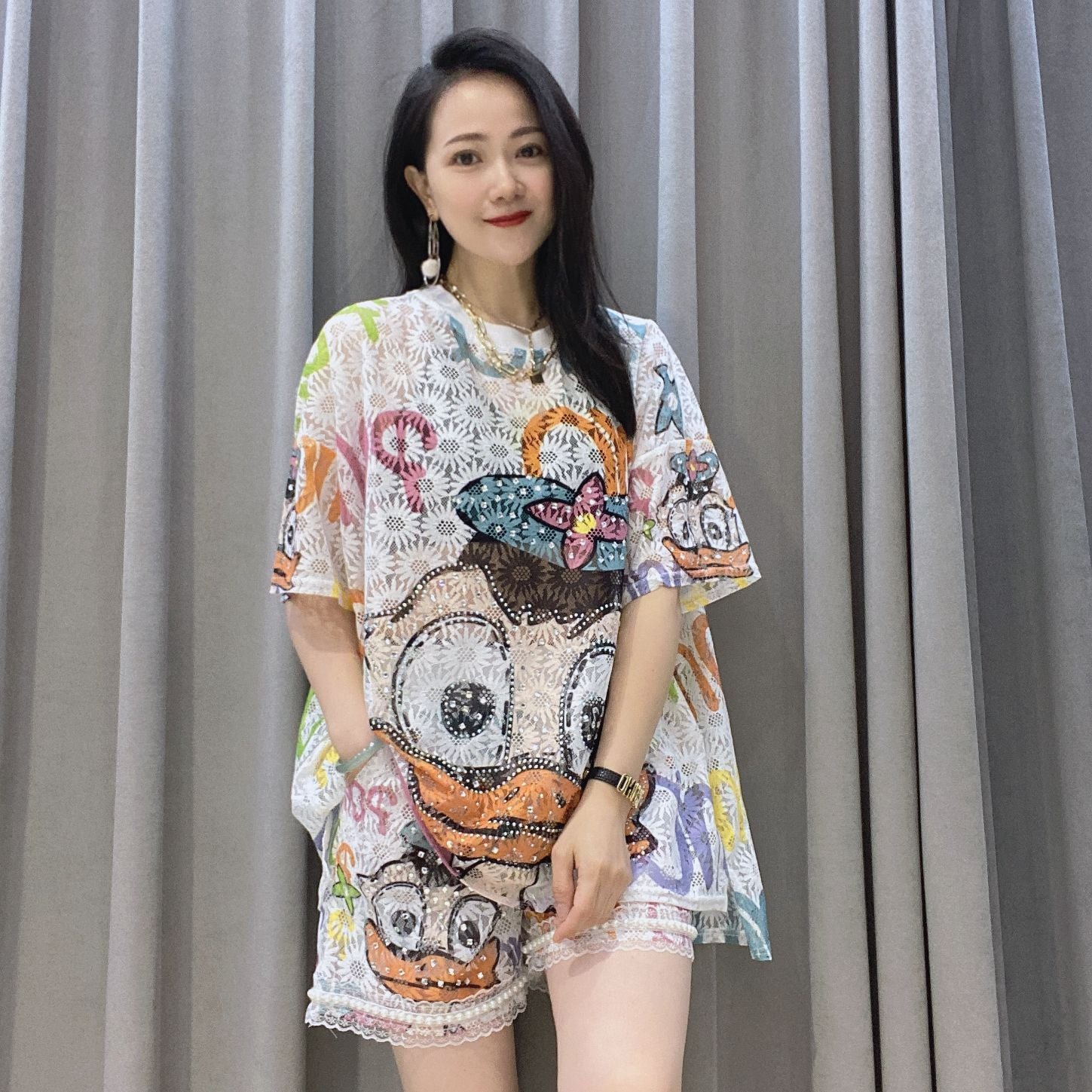 Summer Lovely Lace Casual Short Sleeves and Shorts Sets