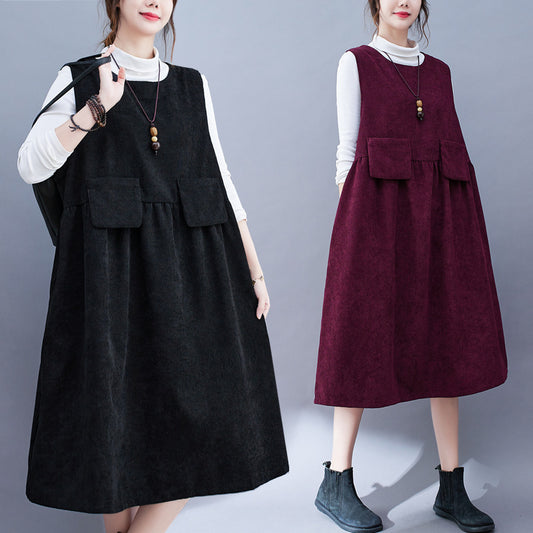 Vintage Corduroy Plus Sizes Fall Long Vest Dresses