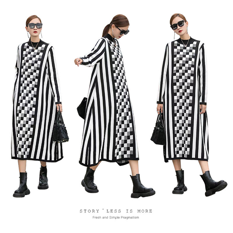 Black&white Knitting Striped Women Long Cozy Dresses