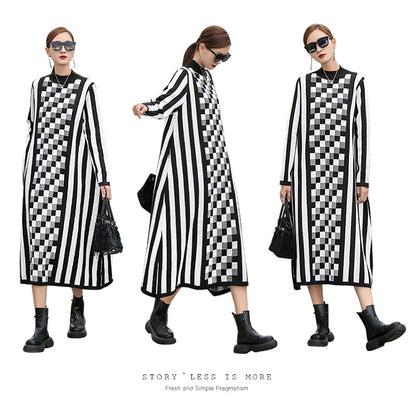 Black&white Knitting Striped Women Long Cozy Dresses