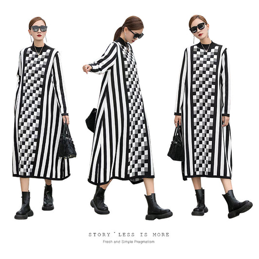 Black&white Knitting Striped Women Long Cozy Dresses