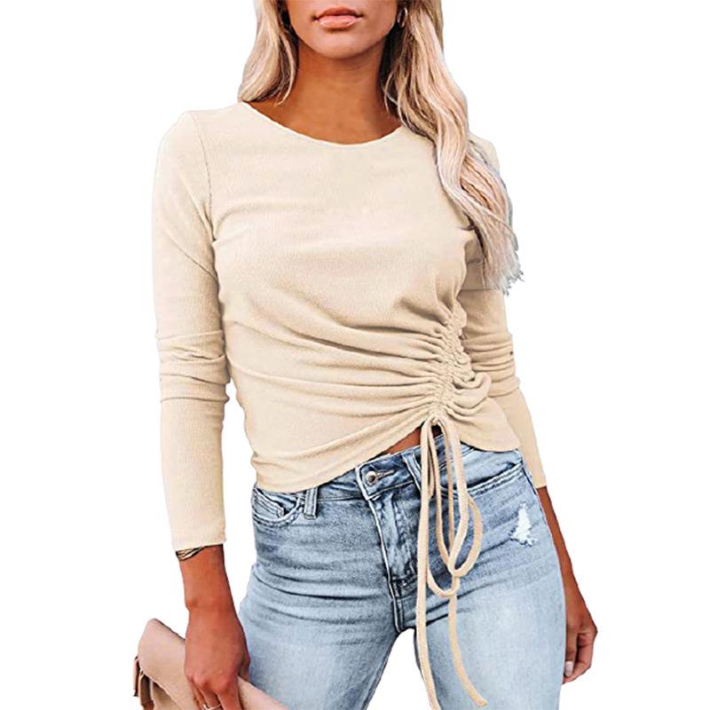 Women Drawstring Fall Long Sleeves T Shirts-STYLEGOING