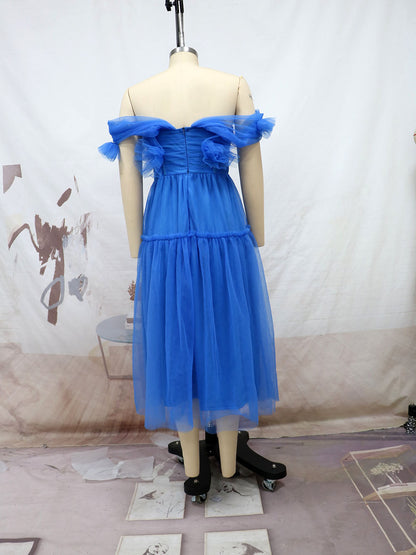 Blue Off The Shoulder Tulle Princess Dresses