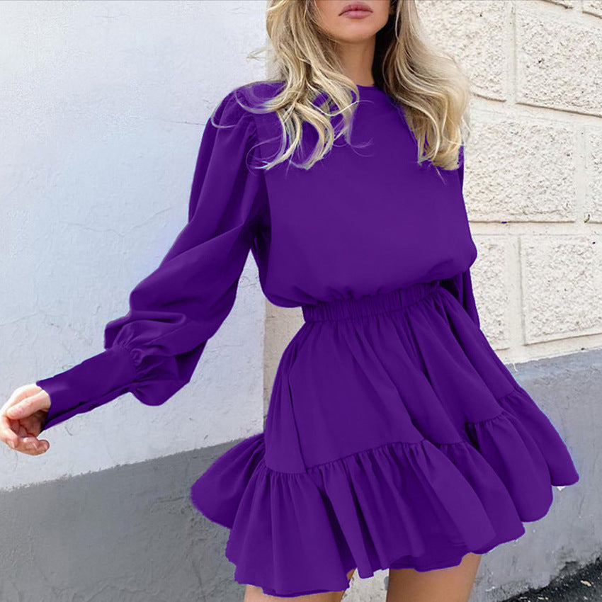 Vintage Long Sleeves Elastic Waist Short Dresses