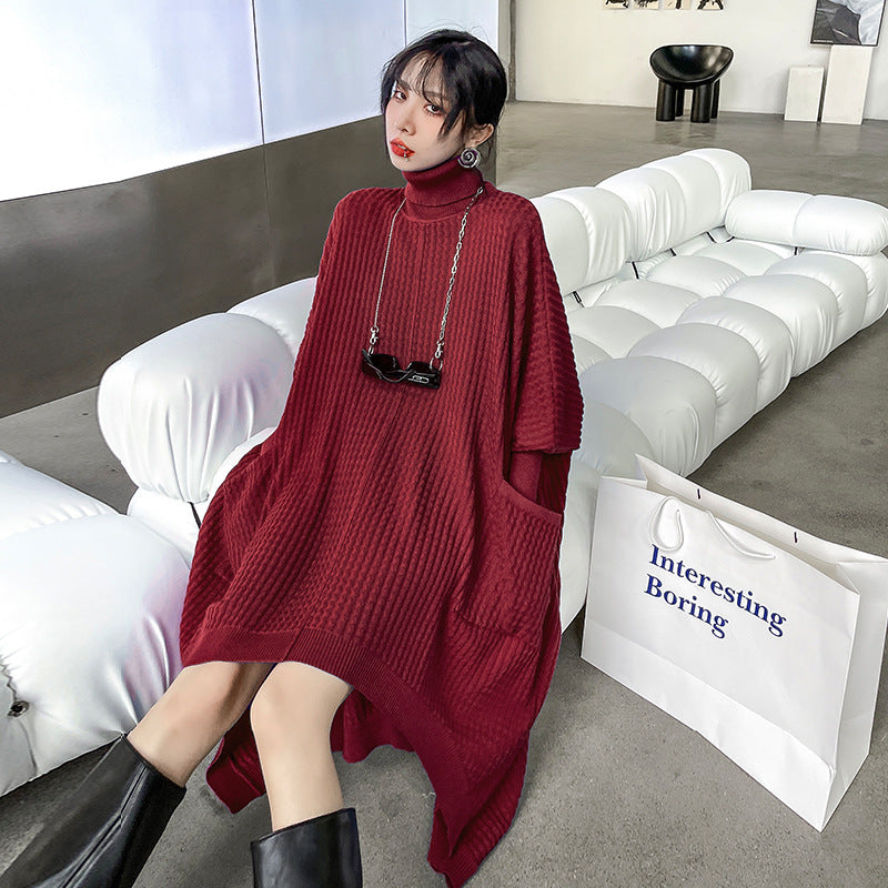 Women High Neck High Low Designed Knitted Long Cozy Dresses