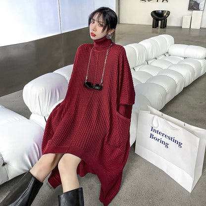 Women High Neck High Low Designed Knitted Long Cozy Dresses
