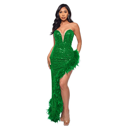 Gorgeous Strapless Sequined Feather Decoration Party Dresses