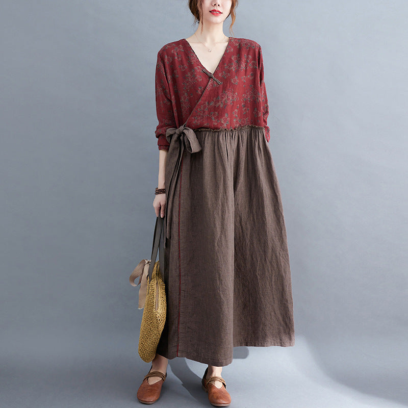 Vintage V Neck Flower Designed Slim Waist Long Maxi Dresses