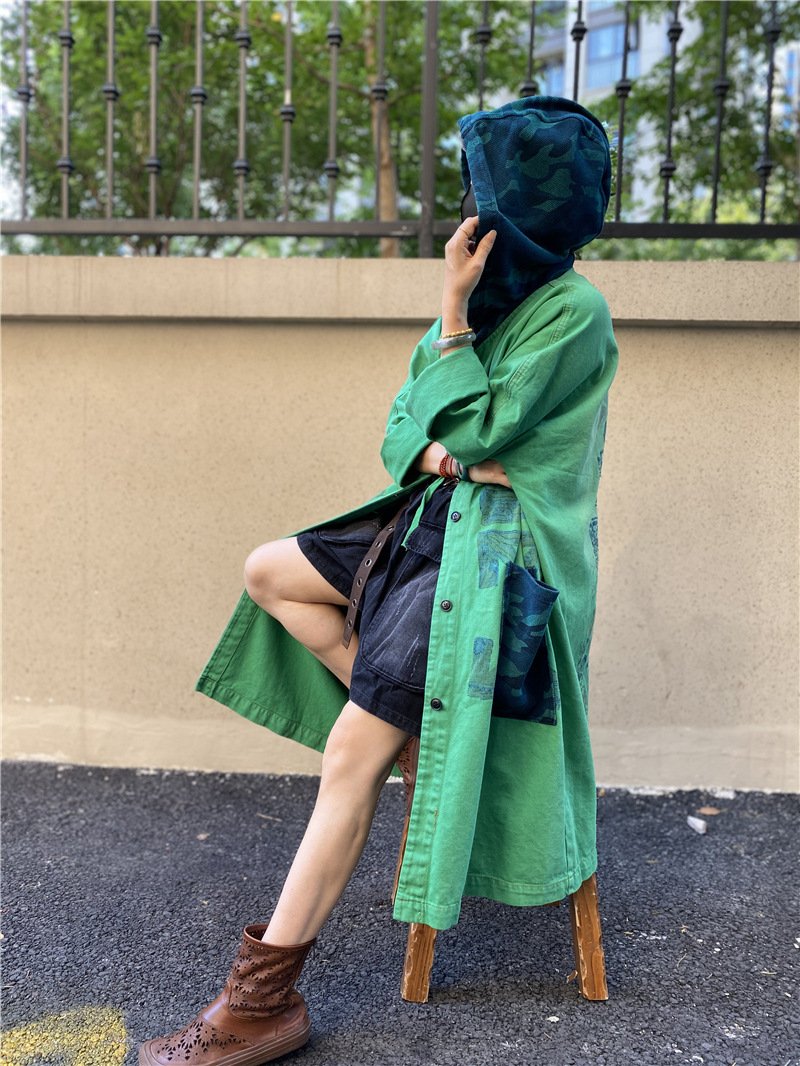 Vintage Plus Sizes Green Long Trenchcoat-STYLEGOING