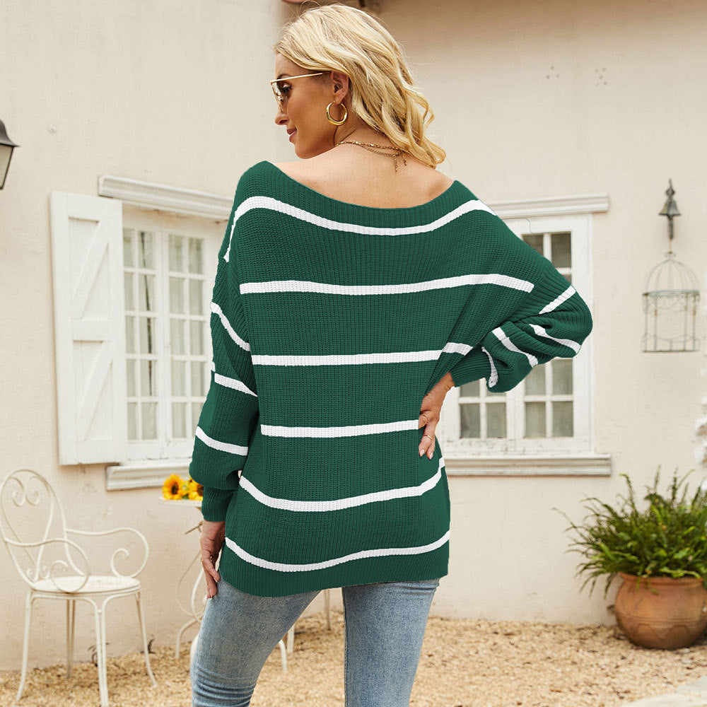 Women Off The Shoulder Striped Knitted Pullover Sweaters