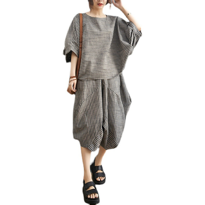 Linen Striped Plus Sizes 2pcs Women Summer Outfits