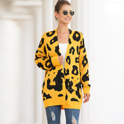 Women Leopard Design Pockets Knitting Cardigans