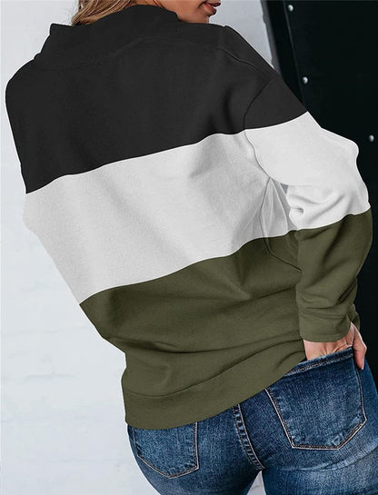 Women Casual Contrast 3 Colors Zipper Neck Fall Hoodies