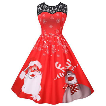 Merry Christmas Fashion Women Lace Sleeves Dresses