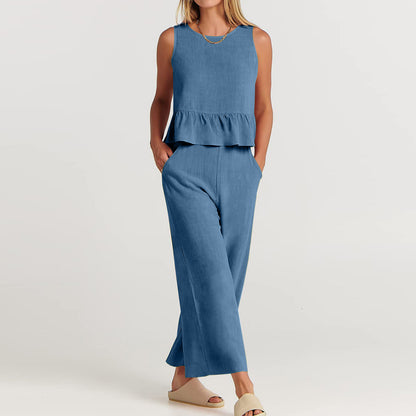 Summer Sleeveless Linen Two Pieces Women Suits