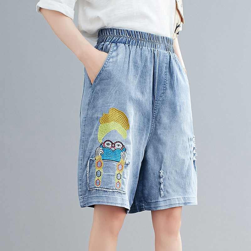 Summer Embroidery Plus Sizes Women Dnim Shorts