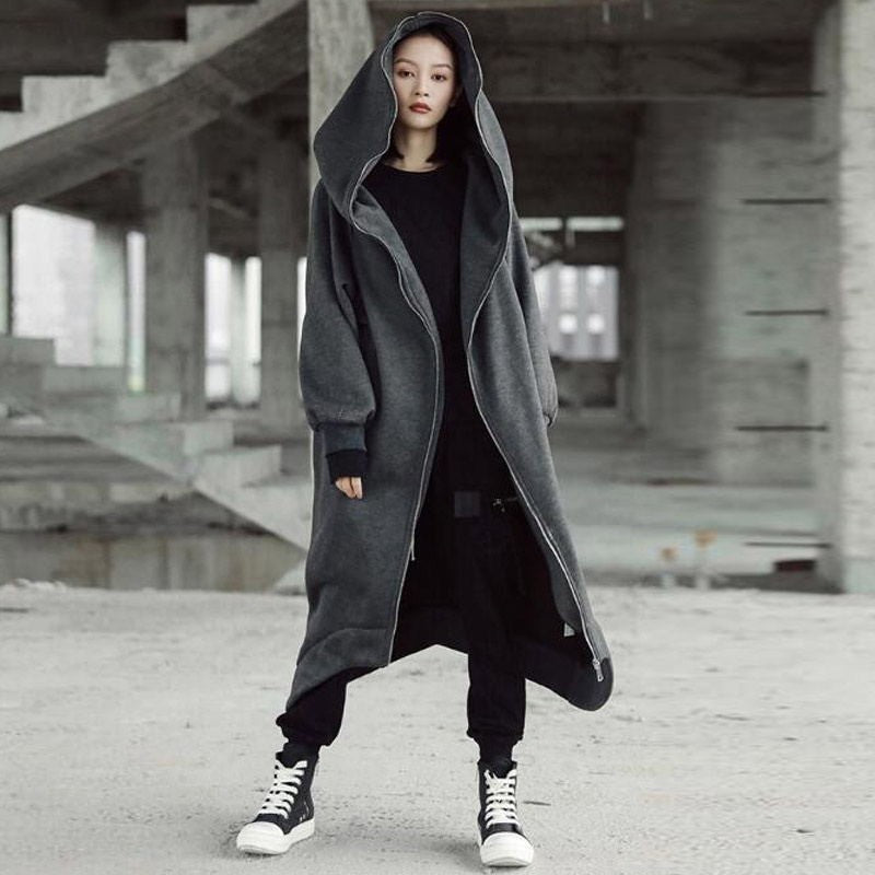 Creative Zipper Winter Long Hoodies Outerwear for Women