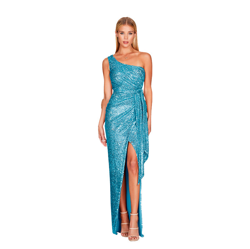 Sexy One Shoulder Sequined Evening Party Dresses