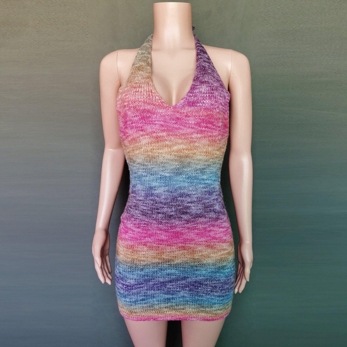 Sexy Deep V-neck Rainbow Knitting Dresses-STYLEGOING