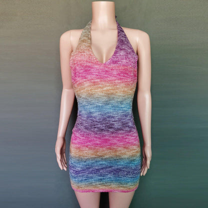 Sexy Deep V-neck Rainbow Knitting Dresses-STYLEGOING
