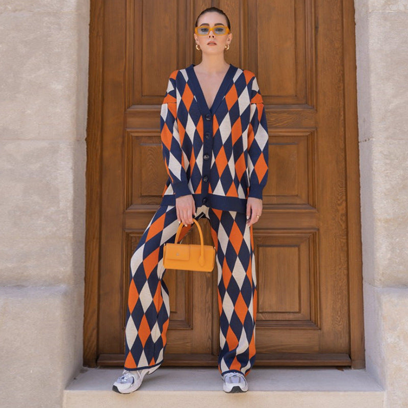 Women Geometry Casual Knitting Top&Pants Two Pieces Suits