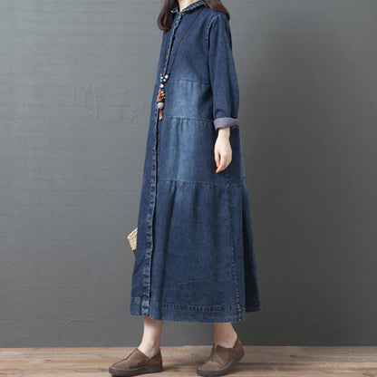 Casual Denim Polo Neck Plus Sizes Long Maxi Dresses