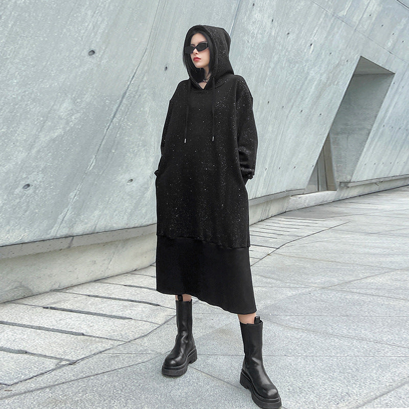 Black Velvet Long Sleeves Hoodies Cozy Dresses