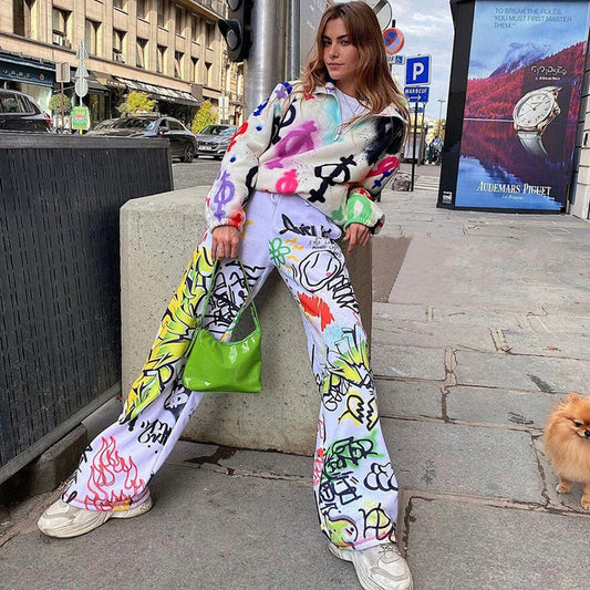 Casual Graffiti Print Wide Legs Pants for Women