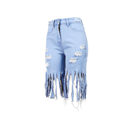 Casual Broken Holes Tassels Short Jeans