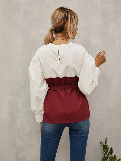 Long Puff Sleeves Belt Loose Shirts-STYLEGOING