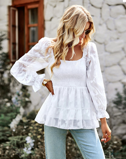 Square Neckline Fall Long Sleeves Shirts