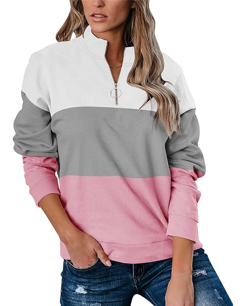 Women Casual Contrast 3 Colors Zipper Neck Fall Hoodies