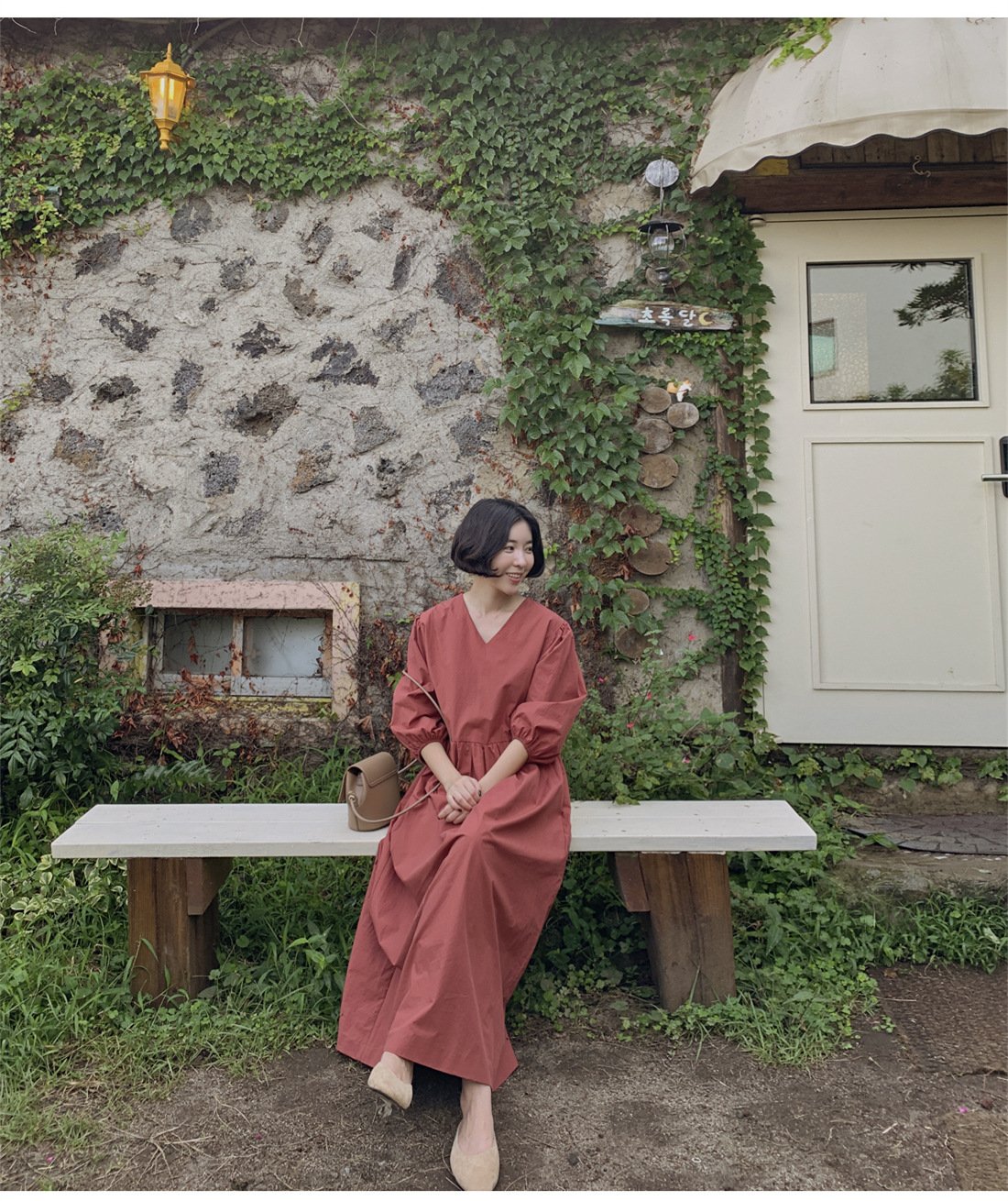 Casual Vintage Women Latern Sleeves Fall Long Dress-STYLEGOING