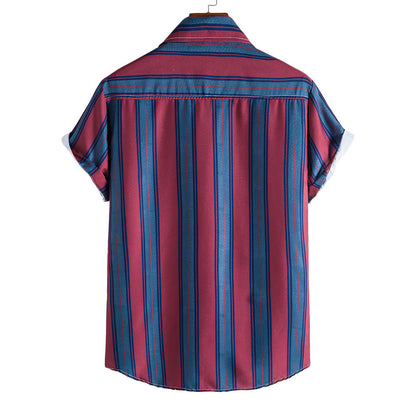 Red and Blue Striped Summer Short Sleeves Shirts for Men