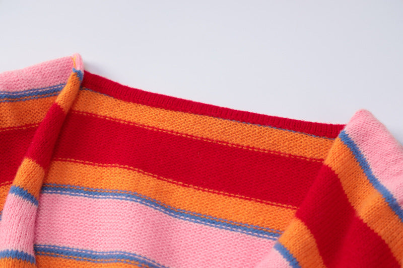 Red Striped Fall Knitted Women Dresses Suits