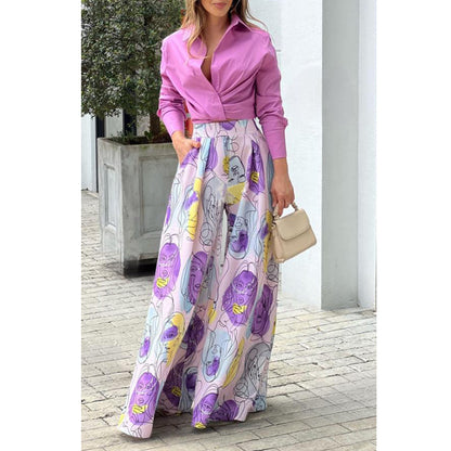 Summer Casual Long Sleeves Shirts and Wide Leg Pants Women Suits
