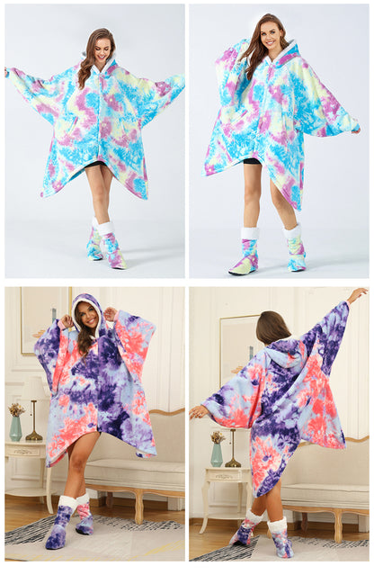 Dyed Lazy Wearable Fleece Throw Blanket Cape with Socks
