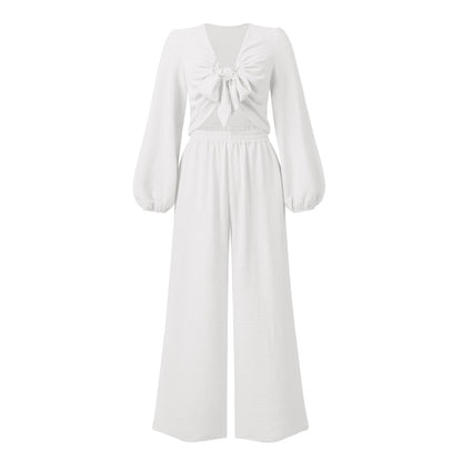 Sexy Long Sleeves Tops & Wide Legs Pants Women Suits