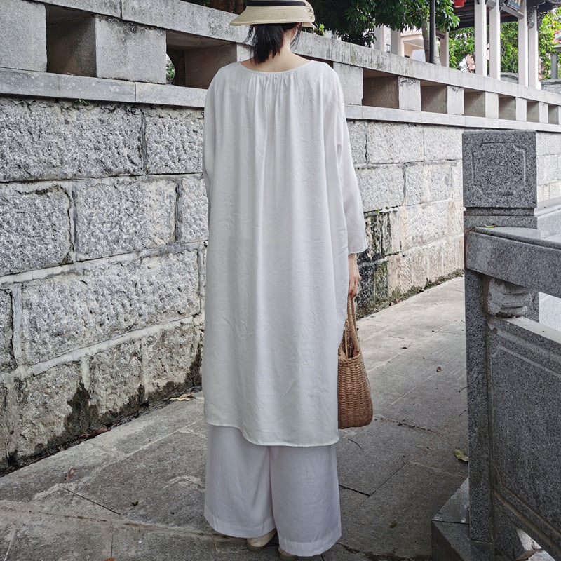Casual White Long Sleeves Blouses and Linen Pants