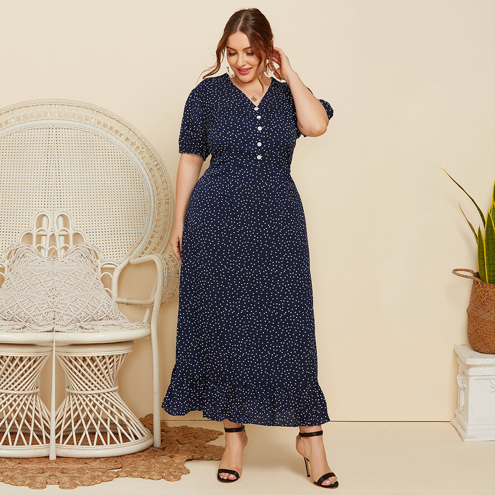 Summer Dot Print  Women Short Sleeves Plus Sizes Long Dresses