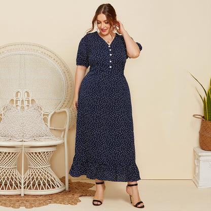 Summer Dot Print  Women Short Sleeves Plus Sizes Long Dresses