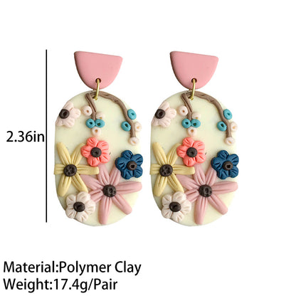 Engraved Flowers Handmade Clay Earrings for Women